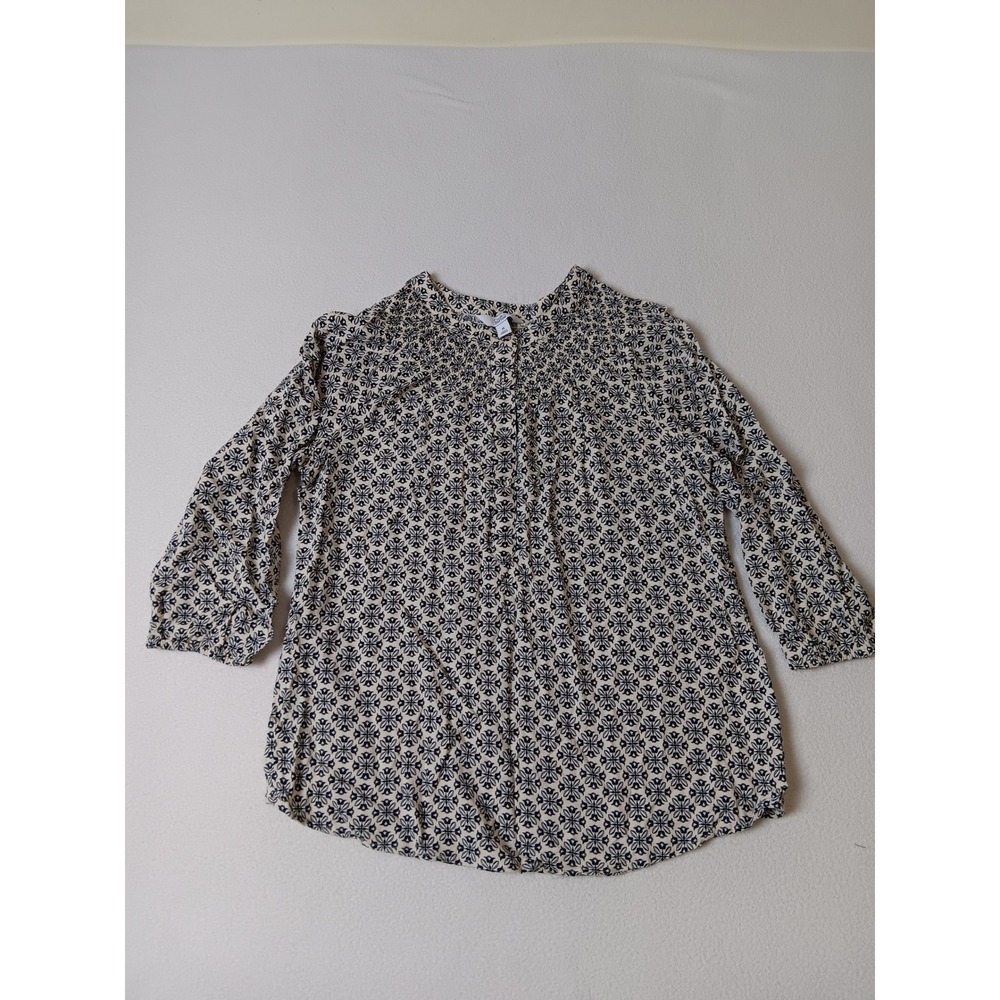 Croft & Barrow Womens Medium Navy Blue Cream Geometric Floral Smocked Blouse Top